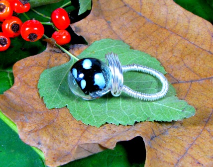 Ring - Glass Cow, glass ball and handcrafted non-tarnish silver wire wrap design