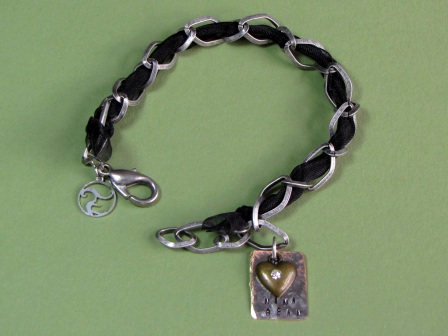 Bracelet - Nina Bean, black ribbon and sterling silver over brass chain with personalized tag.