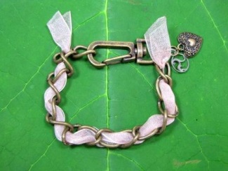 Bracelet - Pink Vintage, soft pink ribbon woven into an antique brass chain with a vintage heart charm.